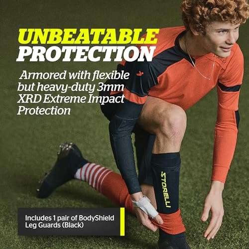 Storelli BodyShield Leg Guards, Premium Compression Shin Guard Sleeves for Soccer Players, Impact Protection, UV-Resistant, Sweat-Wicking, Unisex, 1 Pair, Black, Youth Medium 2