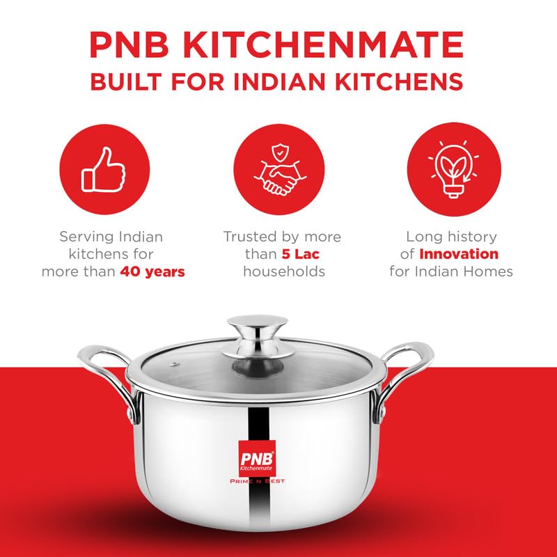 PNB Kitchenmate Triply Stainless Steel Cookpot with Glass Lid, 28cm (8 Litre), 2.5mm Thick, 3-Ply Clad Construction, Induction & Gas Compatible, 5 Years Warranty 6