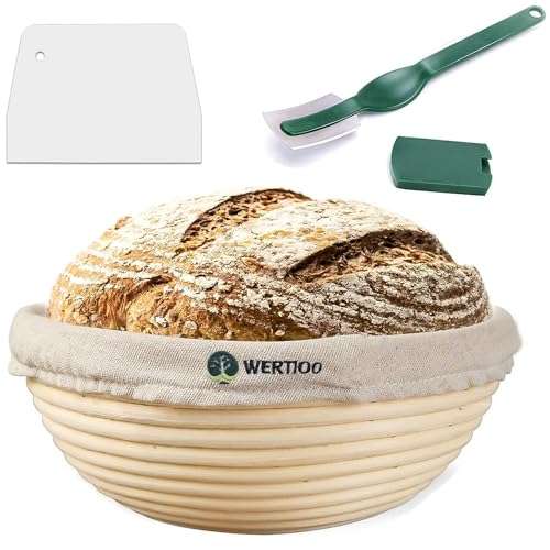 Banneton Bread Proofing Basket, Banneton Basket Set, WERTIOO 9 Inch Sourdough Proofing Basket Round Proofing Bowls Handmade Rattan Baskets with Bread Lame and Liners, Sourdough Bread Baking Supplies 1