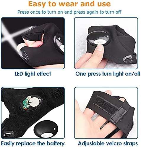 2 LED Flashlight Gloves Outdoor,Work Gloves with Light for Darkness Places, Fishing, Camping and Hiking & Tools Gifts for Handymen Men Women Boyfriend DIY Birthday Black BT001 4