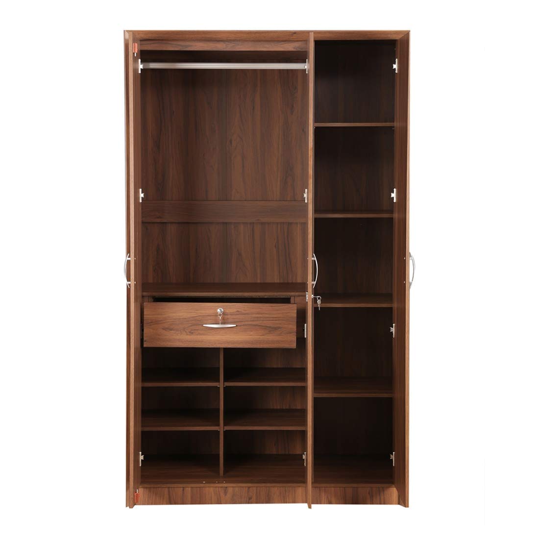 CASPIAN Furniture Light Brown Colour 3 Door Wardrobe Drawer Shelves and Hanging Space for Clothes Wardrobe for Clothes Almirah Cupboard Home Storage with Mirror 4
