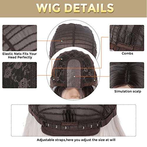 WOCO Long Wavy Wig, Ombre Platinum Blonde Wigs for Women, Synthetic Wig with Natual Hairline Lace Fornt Sliver White Curly Middle Part Hair Replacement Wigs for Halloween Daily Party Cosplay Use 5