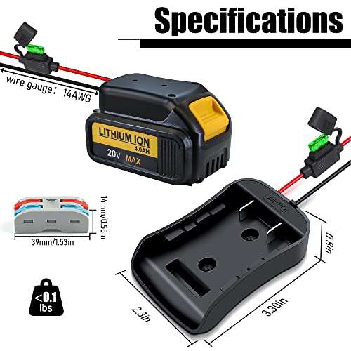 Battery Adapter for Dewalt Battery, Power Wheel Adapter for Dewalt 20v Battery,Power Wheels Battery Conversion Kit with Fuse and 14 Gauge Wire Connector for Ride On Truck, Robotics, Rc Toys 3