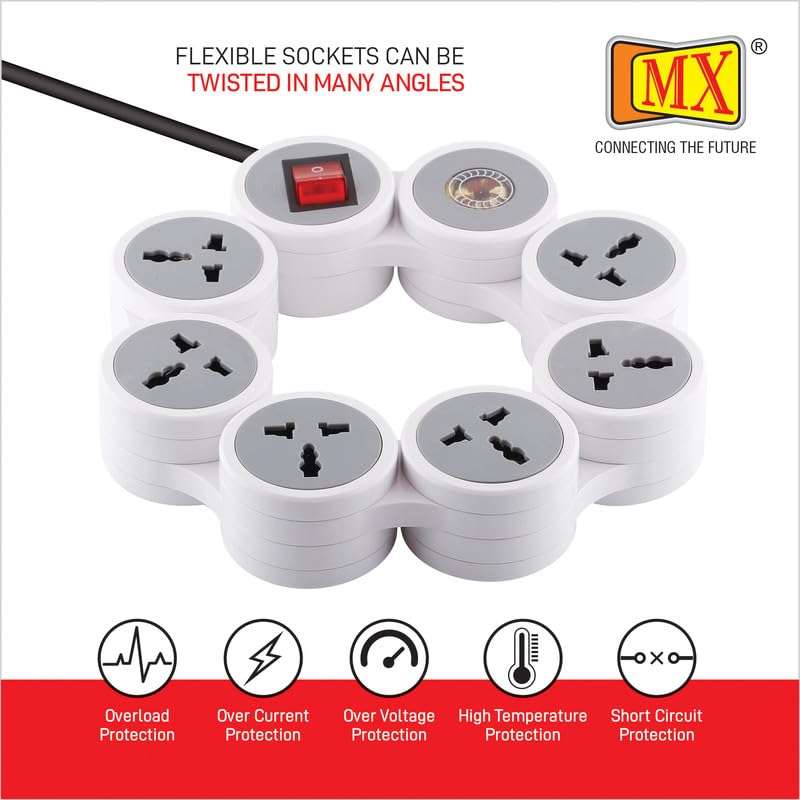 MX Extension Board with spike protector - 6 Universal Sockets, 15A/16A/20A Spike Guard, 10m Extension Cord, Illuminated Circuit Breaker Master Switch (3323_10mtr) 6