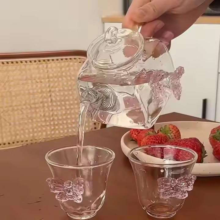 Gipibox®Glass Tea Pot Butterfly Design with Glass Tea Cup Set | Large Capacity Transparent Tea Kettle with Lid &Handle | Great for Loose Leaf Tea, Blooming Tea & Fruit Infused (500ml Tea Pot+2 Cup) 6