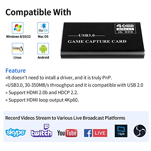 SUNKONG Audio Video Capture Card, HDMI USB 3.0 4K 1080P 60fps Reliable Portable Video Converter for Gameing/Streaming/Live Broadcasts/Video Conference/Video Recording 4
