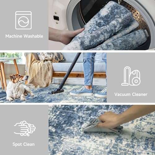 ONBRILL Washable Rug 4×6, Modern Abstract Living Room Rug, Medium Pile Non Slip Rug, Indoor Small Carpet Rugs for Living Room, Bedroom, Kitchen, Laundry, Office, Dark Blue+Beige 3