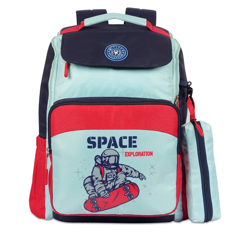 Citizen Space Kids School Backpack with Free Pencil Stationary Pouch | 24L Polyester Unisex Casual Backpack/Daypack/Travel Backpack/School Bag for Boys & Girls - Blue