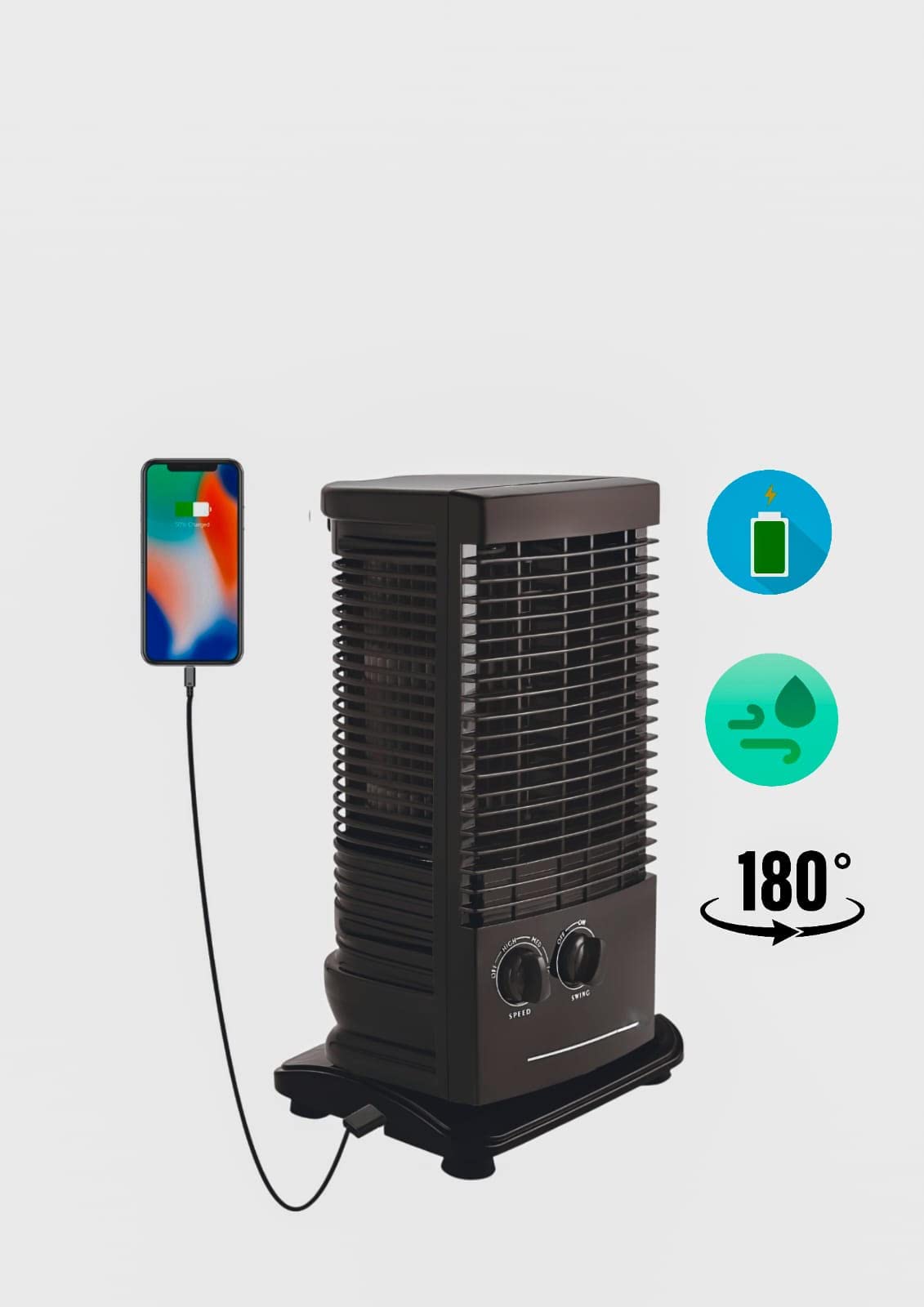 304 Tower Fan Black with USB Phone Charging || High Speed Tower Fan with Oscillating 3