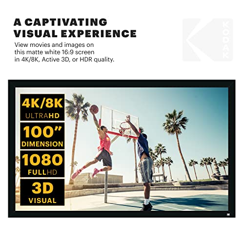 KODAK Projector Screen | 100” Fixed Frame Home Projection Screen with Black Velvet Frame, Durable PVC & Wall Mount Kit | 160° View Angle, 16:9, 1.1, Full HD 4K 8K & Active 3D Ready for Movies & Gaming 2