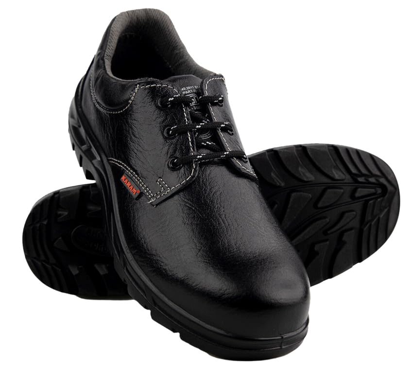 Karam FS02 Black Leather Safety Shoes for Men | Single Density with Steel Toe | Antistatic, Antislip, Oil & Heat Resistant | Size-04 3
