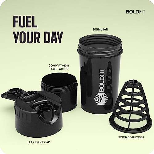 Boldfit Gym Shaker Pro Cyclone Shaker 500ml with Extra Compartment, 100% Leakproof Guarantee, Ideal for Protein, Preworkout and BCAAs, BPA Free Material Sipper Bottle (Black, Plastic, Pack of 1) 4