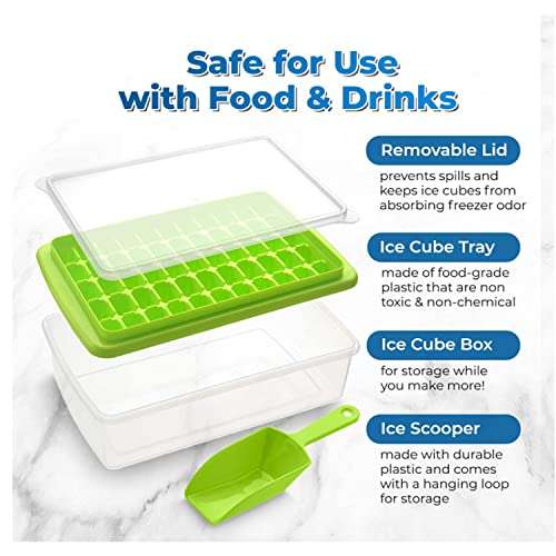 Ice Cube Tray With Lid and Bin - Space Saver Silicone Ice Tray For Freezer Comes with Ice Container, Scoop and Cover Big Ice Bucket (Green), 10.43in x 3.86in x 2.95in 2