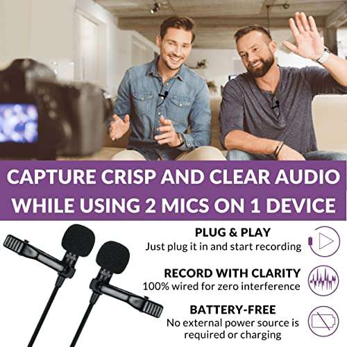 Purple Panda Dual Interview Lavalier Lapel Microphone Kit (2 Pack) for Podcast - Professional Omnidirectional Clip On Lav Mic - Compatible with iPhone, Android, DSLR Camera, Samsung, Zoom, Tascam 2