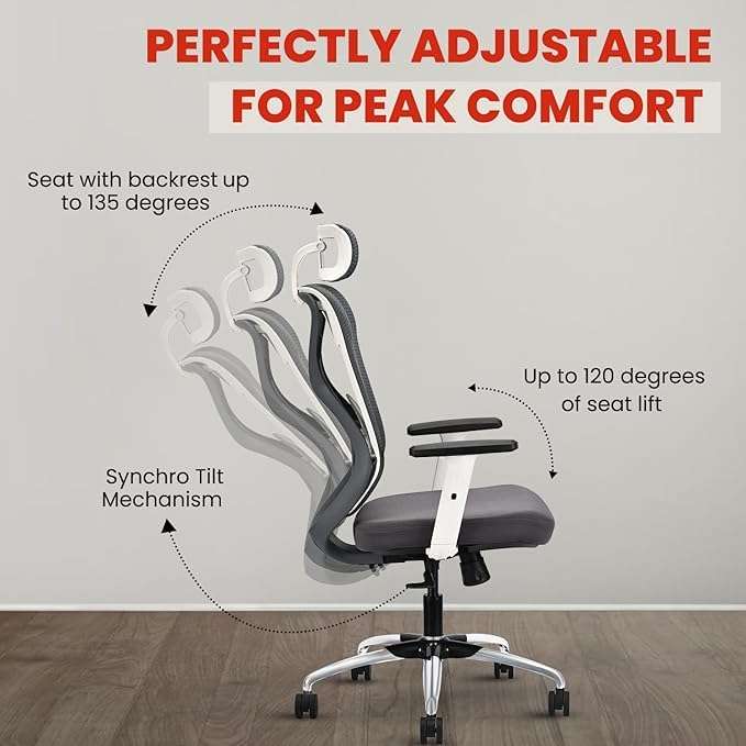 IAFA FURNITURE® Ergolux High Back Ergonomic Office & Study Chair | 3 Year Warranty | Adjustable Height, Tilt Lock, 2D Headrest, Adjustable Arms & Lumbar Support | Heavy Duty Metal Base | DIY | Grey 4