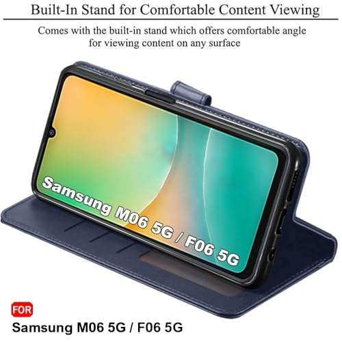 TheGiftKart Flip Cover Back Case for Samsung Galaxy M06 5G / F06 5G | Genuine Leather Finish | Designer Button | Inbuilt Pockets & Stand | Flip Cover for Samsung M06 5G / F06 5G (Faux Leather, Blue) 4