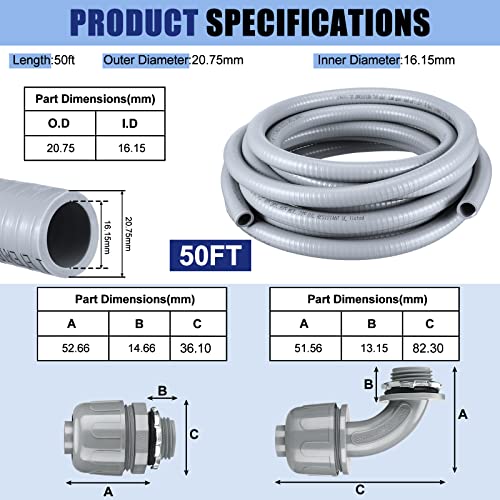 Electrical Conduit and Connector Kit Flexible Liquid Tight Electrical Conduit Non Metallic Electrical Conduit with 5 Straight and 3 Angle Fittings Included (1/2 Inch 50 Ft) 2