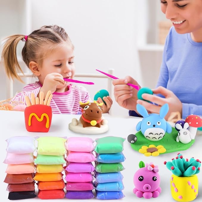 FETE PROPZ Air Dry Clay, 24 Pcs Multi Colors Clay with 6 Tools, Non- Toxic Self Drying Soft Clay for Kids and Adults, Gift for Kids (Pack of 2)24 pcs 6