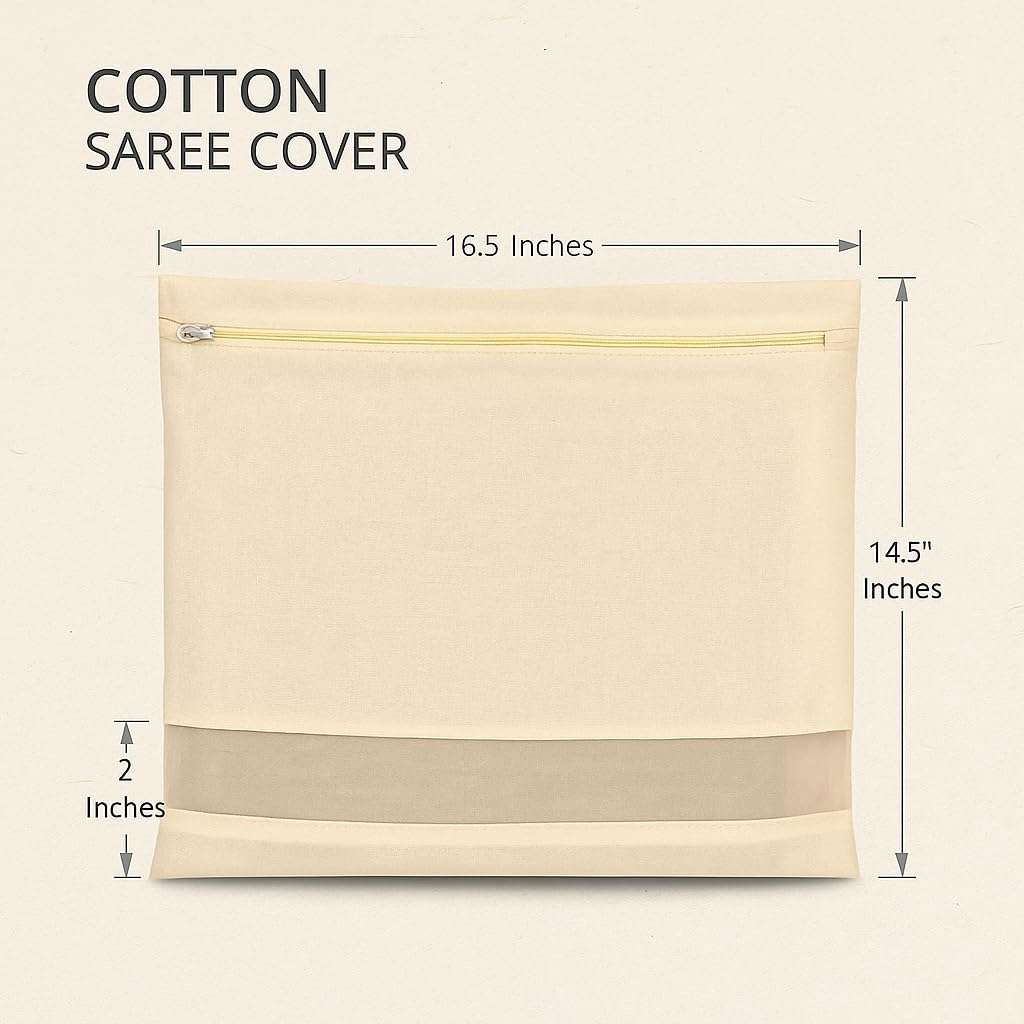 Kottify Cotton Saree Storage Bags/Covers Set of 12 | Big Size Single (16 x 14 Inches) with Zip Closure | Clothes & Wardrobe Organizer with Transparent Mesh Window | Beige 3