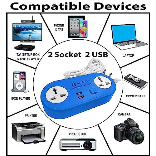 Axmon® Extension cord with USB Port [FIRE Resistant] [2 Socket With 2 USB Charging Ports] 6V-2.4 Amp Heavy Duty Extension Board for Home Office with [2.5 Meter Power Cord] - (2+2)BLUE 2