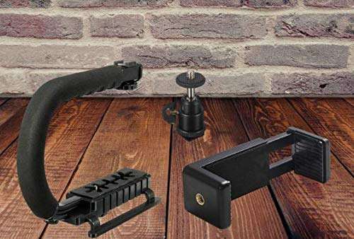VIBLITZ® 3 in 1 Universal Stabilizer C-Shape Bracket Video Handheld Grip + Ball Head hot Shoe Adapter + Mobile Phone Clip Holder for 4in1 DSLR Camera +Camcorder +Smartphone Video Rig Mount Fit 2