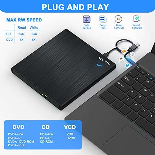 NOLYTH External CD DVD Drive for Laptop: USB CD Burner Plug and Play for Mac MacBook PC Windows - Portable with 1 Audio 2 USB Ports Slim Player Reader for CDs and DVDs 2