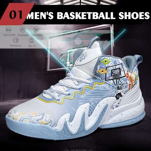 CJSPORX Unisex's Basketball Shoes Breathable Men Non Slip Outdoor Fashion Women Sneakers White&Blue-3 Size 10-1 2