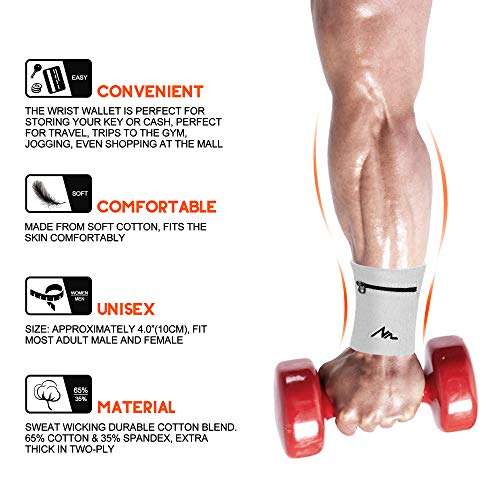 NEWZILL Wrist Wallet Wristband with Zipper - Cotton Sweatbands for Men & Women, Ideal for Sport, Running, Walking, Basketball, Football, Tennis, Hiking, Workout, and More Long White 4