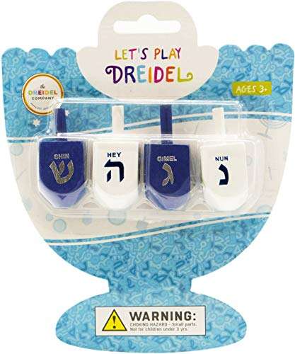 The Dreidel Company Bulk Solid Blue & White Wooden Hanukkah Dreidels, Hand Painted with English Transliteration- Includes Game Instruction Cards (4-Pack) 3