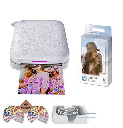 HP Sprocket Photo Printer, (2nd Edition) Print Social Media Photos on 2x3 Sticky-Backed Paper (Luna Pearl) + Photo Paper (50 Sheets) + USB Cable + 60 Decorative Stick-On Border Frames