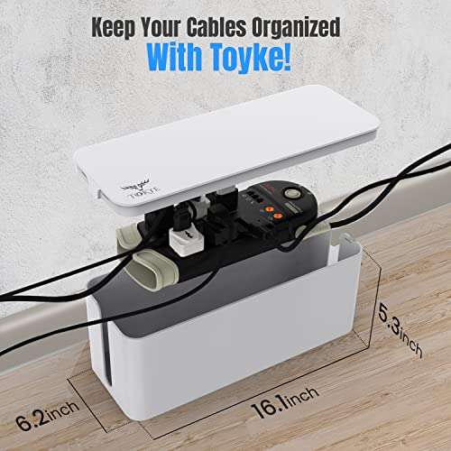 Large Cable Management Box, Cord Organizer to Hide Power Strip, Extension Cord, Surge Protector | Cord Hider Safe Box for Desk Organizers, Gaming PC, Computer, TV | White, Black Edition by Tokye® 3