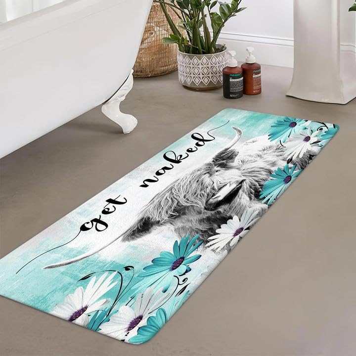 Bcsewcg Get Naked Bath Mat for Bathroom, Farmhouse Highland Cow Non-Slip Bathroom Rug,Teal Floral Western Cow Bath Mat,Bathroom Accessories 4