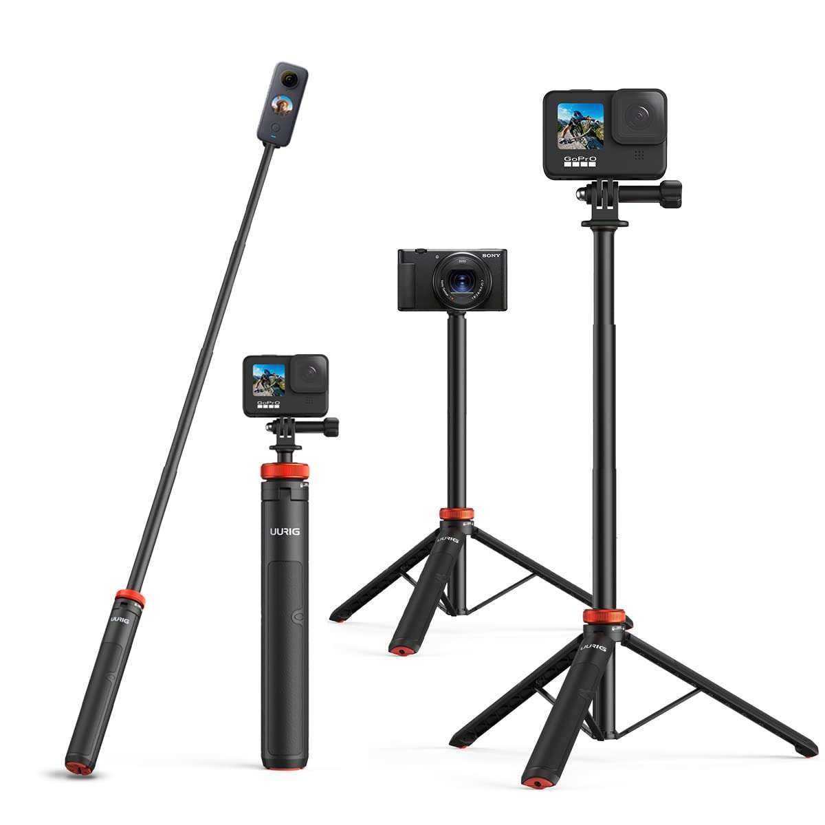 UURig Telescopic Selfie Stick Long with Tripod, Waterproof Hand Grip, for Insta360 GoPro Hero 10 9 8 7 6 5 4 3 2, Fusion, Max, Session, AKASO, SJCAM, DJI OSMO Action Cameras 1