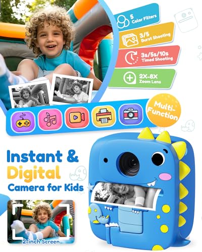 Kids Camera Instant Print, 1080P HD Digital Video Cameras for Kids with Print Paper & SD Card, Christmas Birthday Gifts for Girls Boys, Portable Dinosaur Toys for 3-10 Year Old Girls Boys- Blue 2