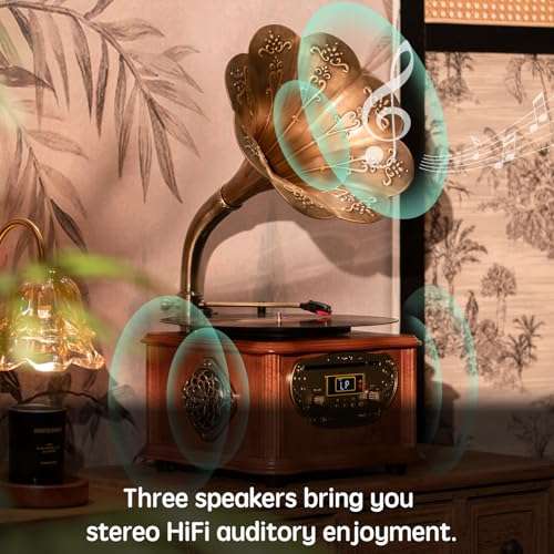 Wooden Phonograph Gramophone Turntable CD Player Stereo System Control 33/45 RPM FM AUX USB Ouput Bluetooth 4.2 … … 5