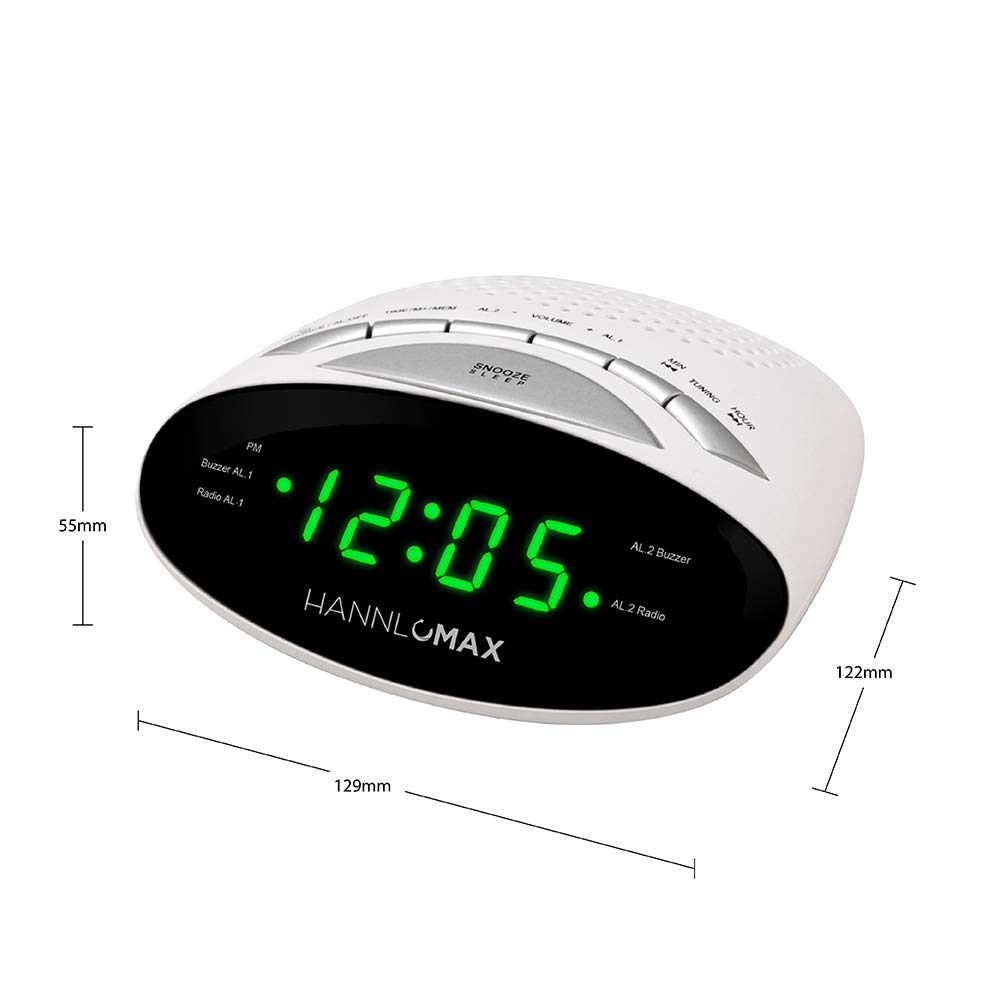 HANNLOMAX HX-116CR Alarm Clock Radio, PLL AM/FM Radio, Dual Alarm, 0.6" Green LED Display (White) 5