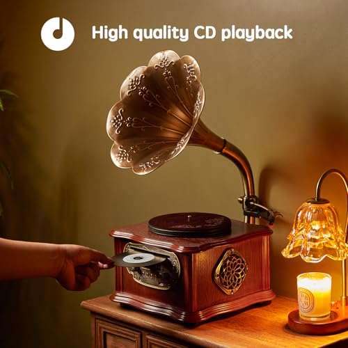 Wooden Phonograph Gramophone Turntable CD Player Stereo System Control 33/45 RPM FM AUX USB Ouput Bluetooth 4.2 … … 6
