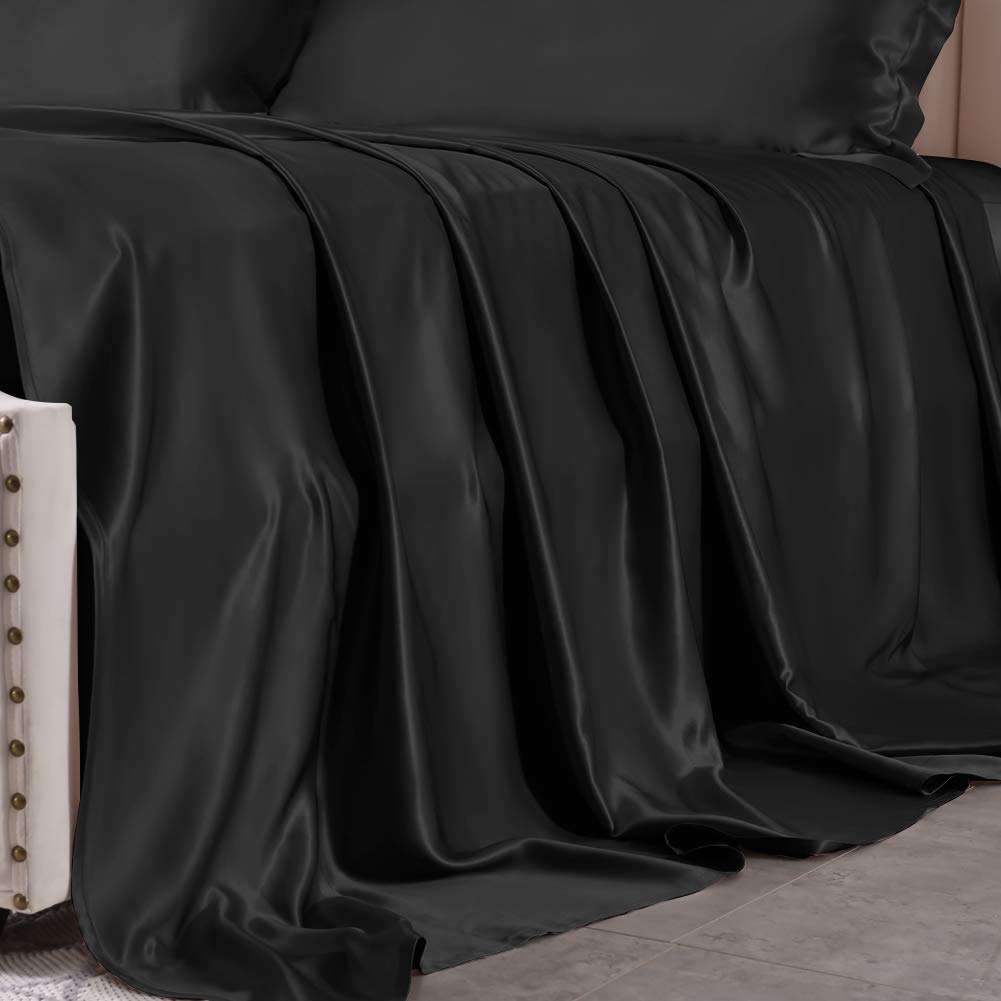 THXSILK Luxury Silk Bed Sheet, Flat Sheet Only, Seamless, 25 Momme Mulberry Silk, Soft and Durable (Black, Queen) 3