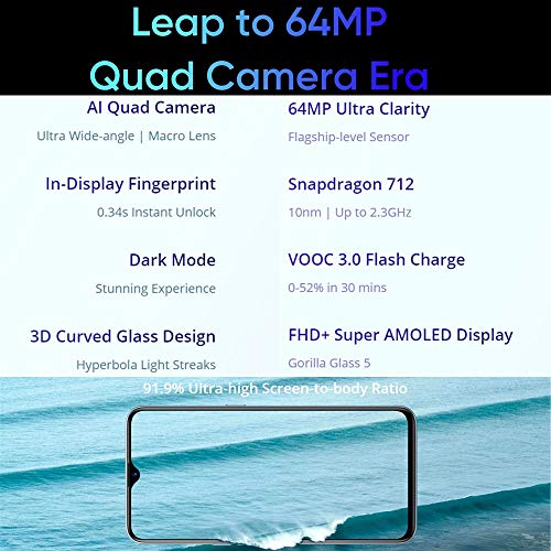 Realme XT (128GB, 8GB RAM) 6.4 AMOLED, 64MP Quad Camera, Snapdragon 712, Dual SIM GSM Unlocked, US + Global 4G LTE International Model - RMX1921 (Pearl Blue, 128GB + 64GB SD + Case Bundle) 6
