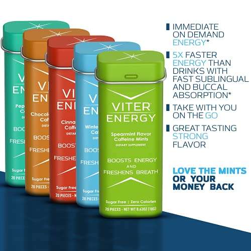 Viter Energy 40mg Caffeine Mints - Sugar Free, B Vitamins, Vegan, Boosts Fast Energized Alert Focus, Caffeinated Nootropic Supplement Pills (Variety Flavors, 20pcs, 5 Pack, 100pcs Total) 5
