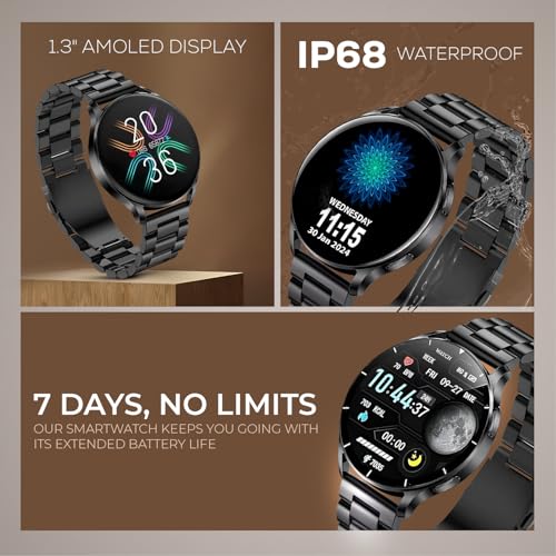 PunnkFunnk Metal Chain Active 2 Max Bluetooth Calling Smartwatch 1.3" Amoled Display 360 * 360 High Resolution 4.2 BT with, 100+ Sports Mode with IP68, Sp02 Tracking, AI Voice Assistant(Black) 5