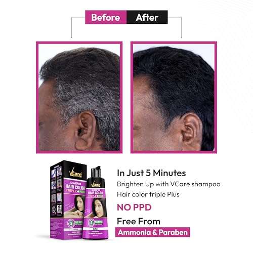 VCare Triple Plus Hair Colour Shampoo Black Hair Colour Shampoo, 180ml for Women and Men | Instant Easy Grey Coverage In 5 Minute Only Long Lasting Hair Color 4