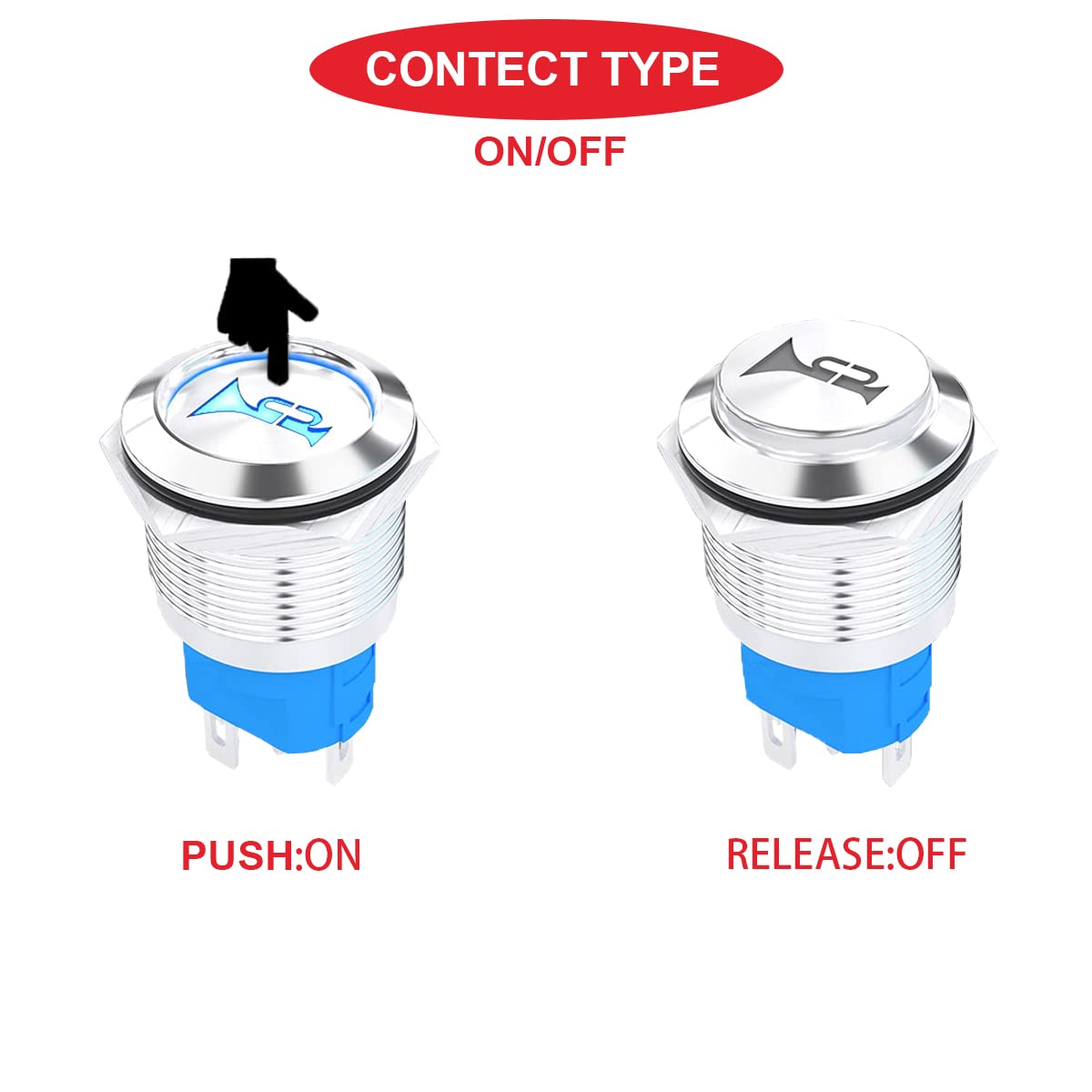 MKBKLLJY 4Pcs 16mm Mounting Hole Raised Speaker Horn Momentary Push Button Switch DC 5A 12V Blue Red LED Light Silver Stainless Steel Shell 1NO 1NC SPDT with Wire Socket Plug for Car Marine Boat 6