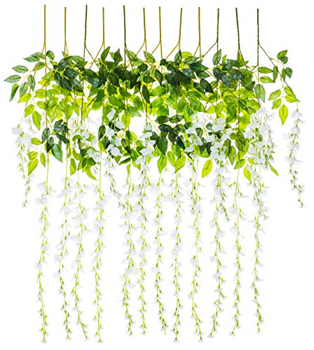 Ms Bloom Artificial Wisteria Vine - 12-Pack 3.6 Ft Spring Hanging Flowers Décor, Silk Plants Garlands for Sweet Home Kitchen Wall, Fake Plant Rattan for Outdoor Wedding Party Desk Decorations (White) 1