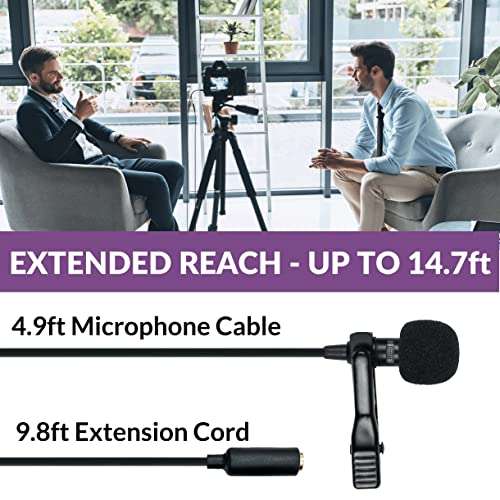 Purple Panda Dual Interview Lavalier Lapel Microphone Kit (2 Pack) for Podcast - Professional Omnidirectional Clip On Lav Mic - Compatible with iPhone, Android, DSLR Camera, Samsung, Zoom, Tascam 3
