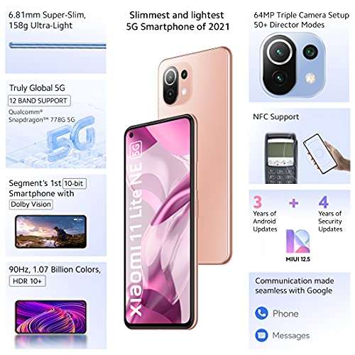 Xiaomi 11 Lite NE 5G (Tuscany Coral 8GB RAM 128 GB Storage) | Slimmest (6.81mm) & Lightest (158g) 5G Smartphone | 10-bit AMOLED with Dolby Vision | SD 778 with 12 5G Bands 2