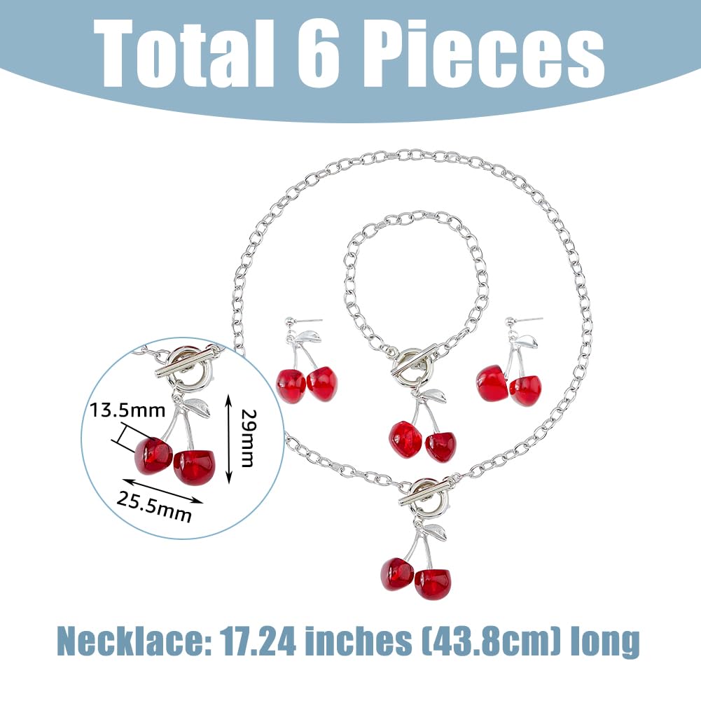 UNICRAFTALE 8Pcs 2 Colors Cherry Jewelry Set Cherry Necklace Bracelet Fruit Dangle Stud Earrings Fashion Cherry Pendant Necklace Food Drop Earring Red Cherry Chain Bracelets Birthday Wedding 3