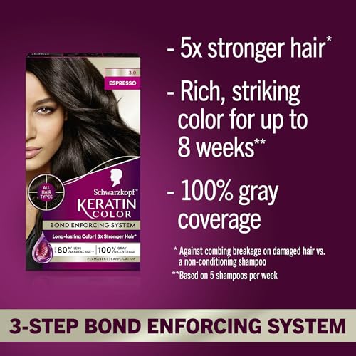 Schwarzkopf Keratin Permanent Hair Dye Cream, 3.0 Espresso, Professional Quality Color for Up to 100% Gray Coverage, Bond Enforcing System 2
