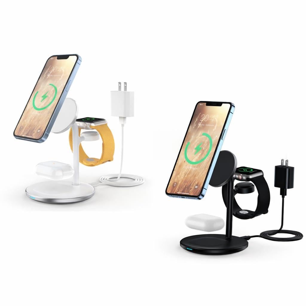 XooFly 3 in 1 Wireless Charging Station for Apple Devices, Fast Wireless Mag-Safe Charger Stand with 20W Adapter for iPhone 17/16 15 14 13 12 Series, iWatch, AirPods, 2 Pack White & Black
