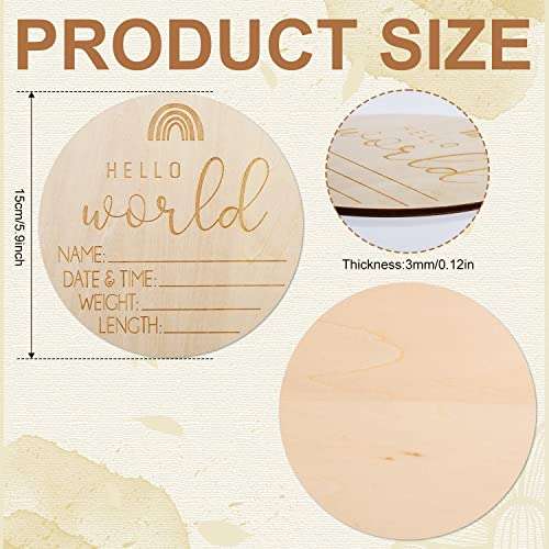 Wooden Baby Announcement Sign, Birth Announcement Sign Round Wooden Newborn Welcome Sign Hello World New Baby Name Announcement Sign for Girl Boy Photo Prop Baby Shower Nursery Hospital 2